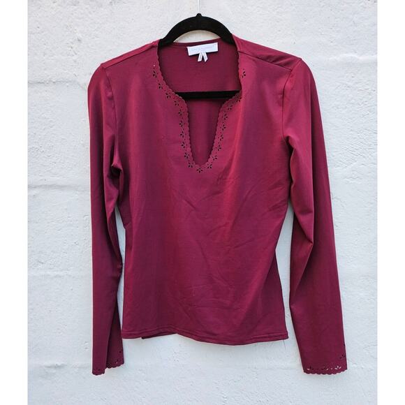 Vintage Y2K 90s Top Womens Size Medium Red Raspberry Thick Stretchy Eyelet Shirt - Picture 1 of 10
